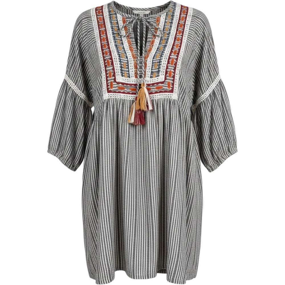 Sweet Magnolia Striped Embroidered Boho Tunic Dress Grey White Cotton Large